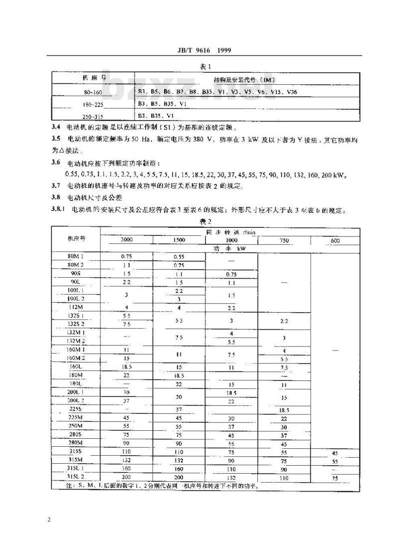 JB/T 9616-1999 Y系列(IP44)三相异步电动机 技术条件(机座号 80～315)