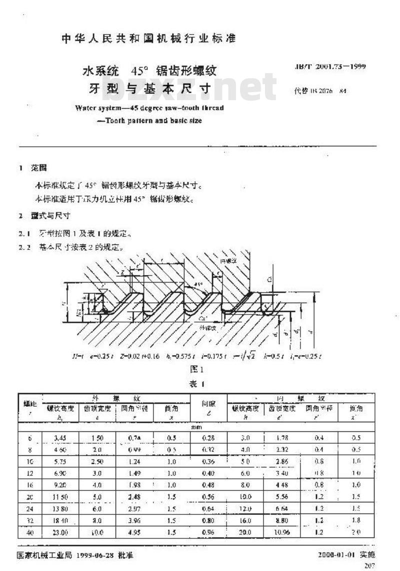 JB/T 2001.73-1999 水系统 45°锯齿形螺纹 牙型与基本尺寸