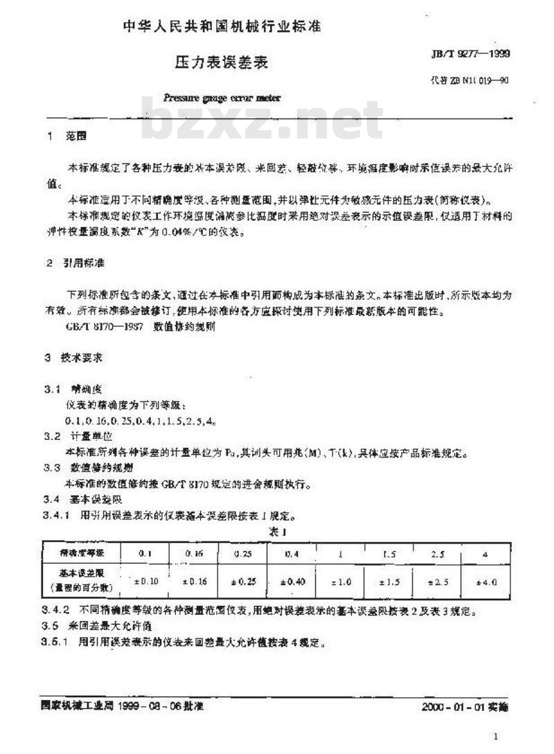 JB/T 9277-1999 压力表误差表