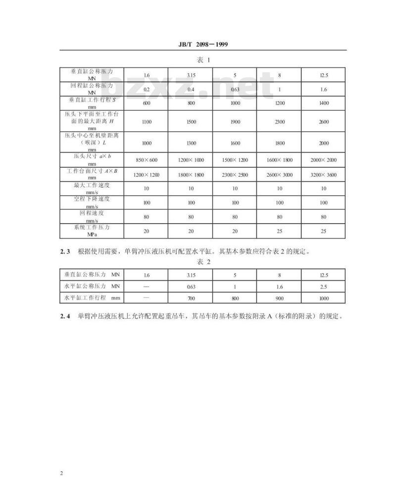 JB/T 2098-1999 单臂冲压液压机 型式与基本参数
