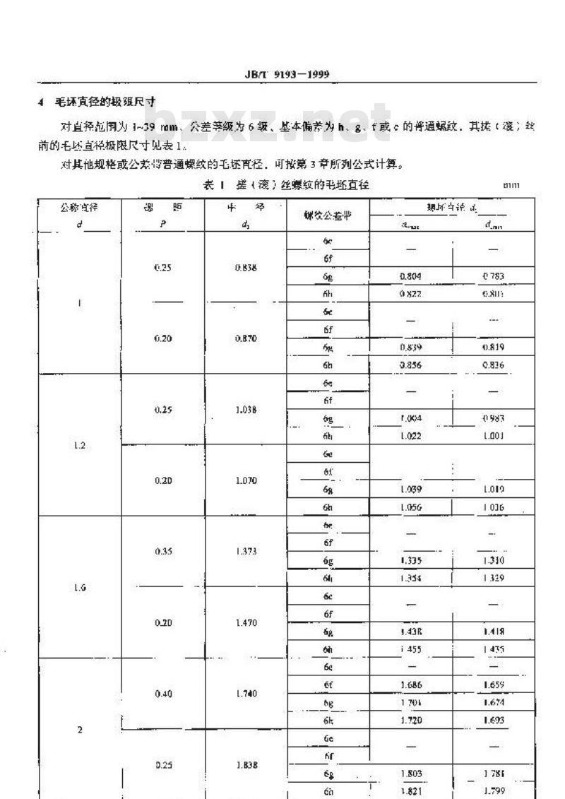 JB/T 9193-1999 搓(滚)制普通螺纹前的毛坯直径
