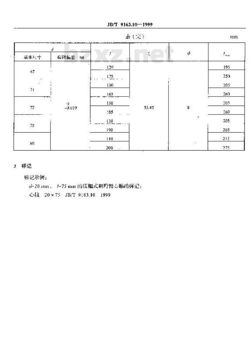 JB/T 9163.10-1999 压帽式剃珩齿心轴 尺寸
