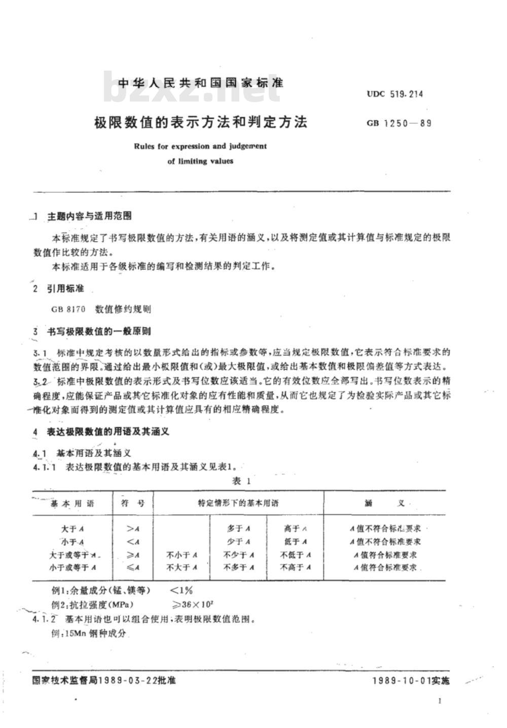 GB/T 1250-1989极限数值的表示方法和判定方法