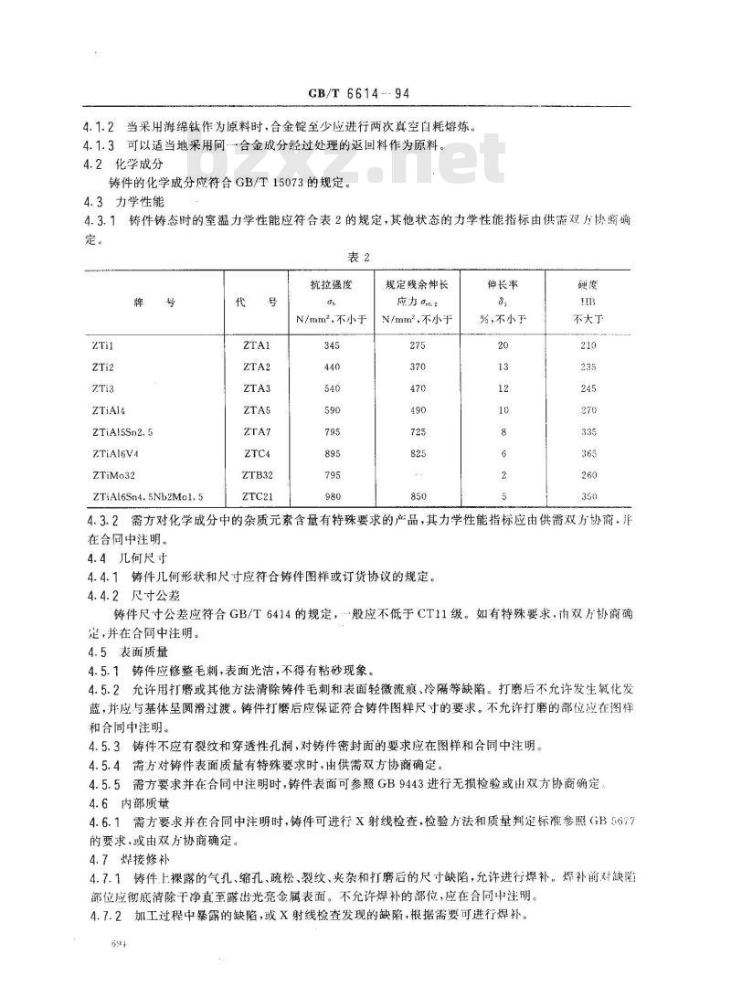 GB/T 6614-1994 钛及钛合金铸件