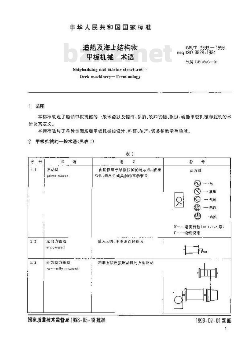 GB/T 3893-1998 造船及海上结构物 甲板机械 术语