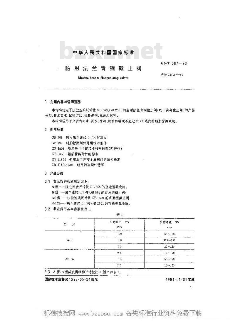 GB/T 587-1993 船用法兰青铜截止阀
