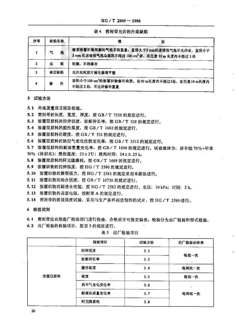 HG/T 2809-1996 浮顶油罐软密封装置橡胶密封带