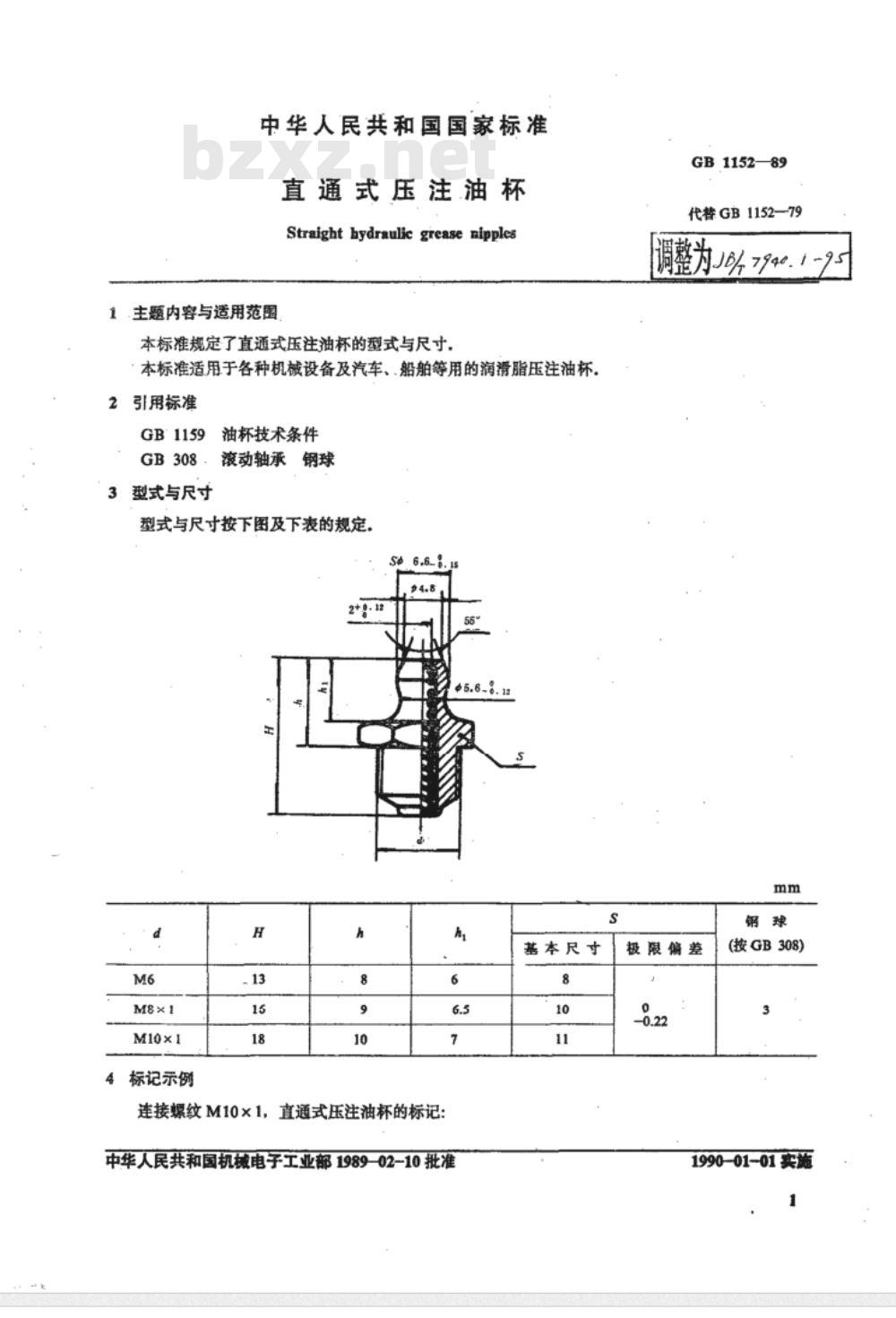 JB/T 7940.1-1995 直通式压注油杯