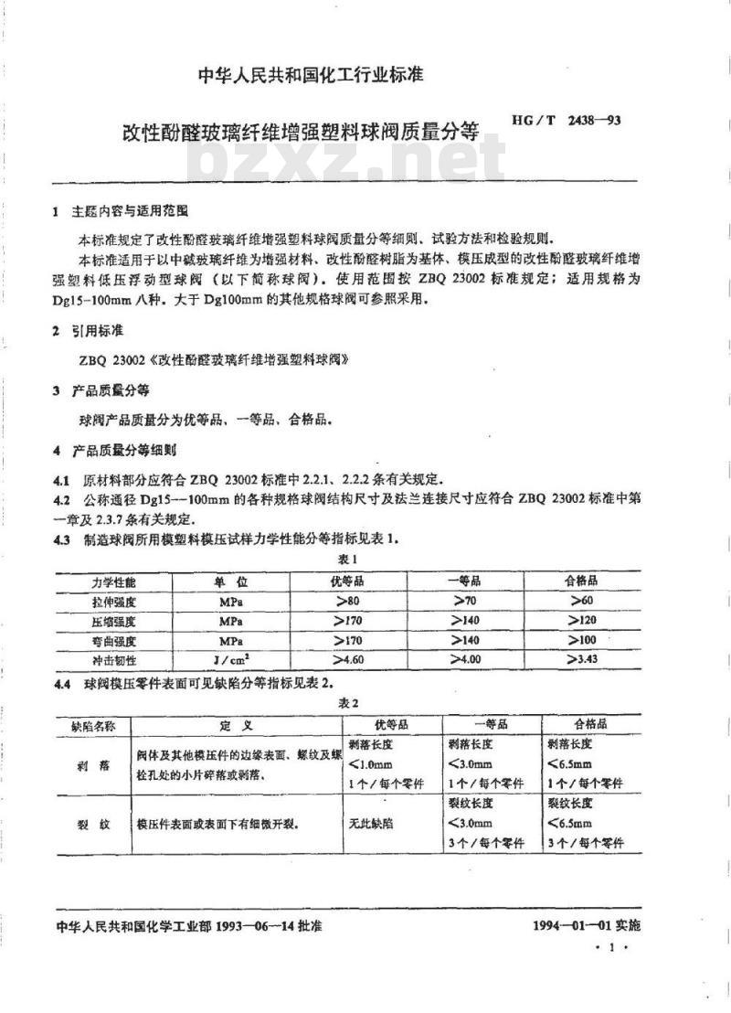 HG/T 2438-1993 改性酚醛玻璃纤维增强塑料球阀质量分等