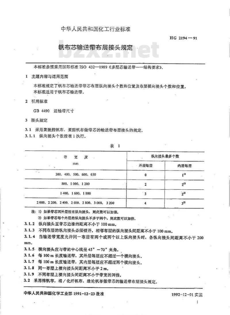 HG/T 2194-1991 帆布芯输送带布层接头规定