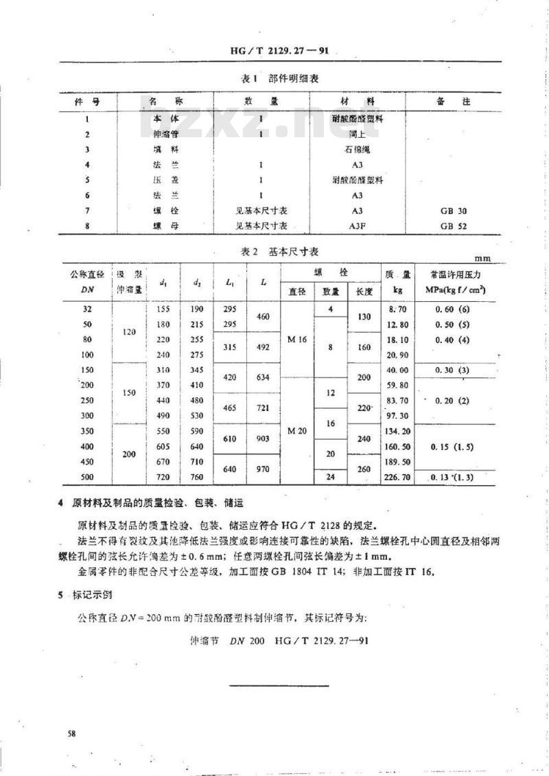 HG/T 2129.27-1991 耐酸酚醛塑料制化工设备零部件 伸缩节