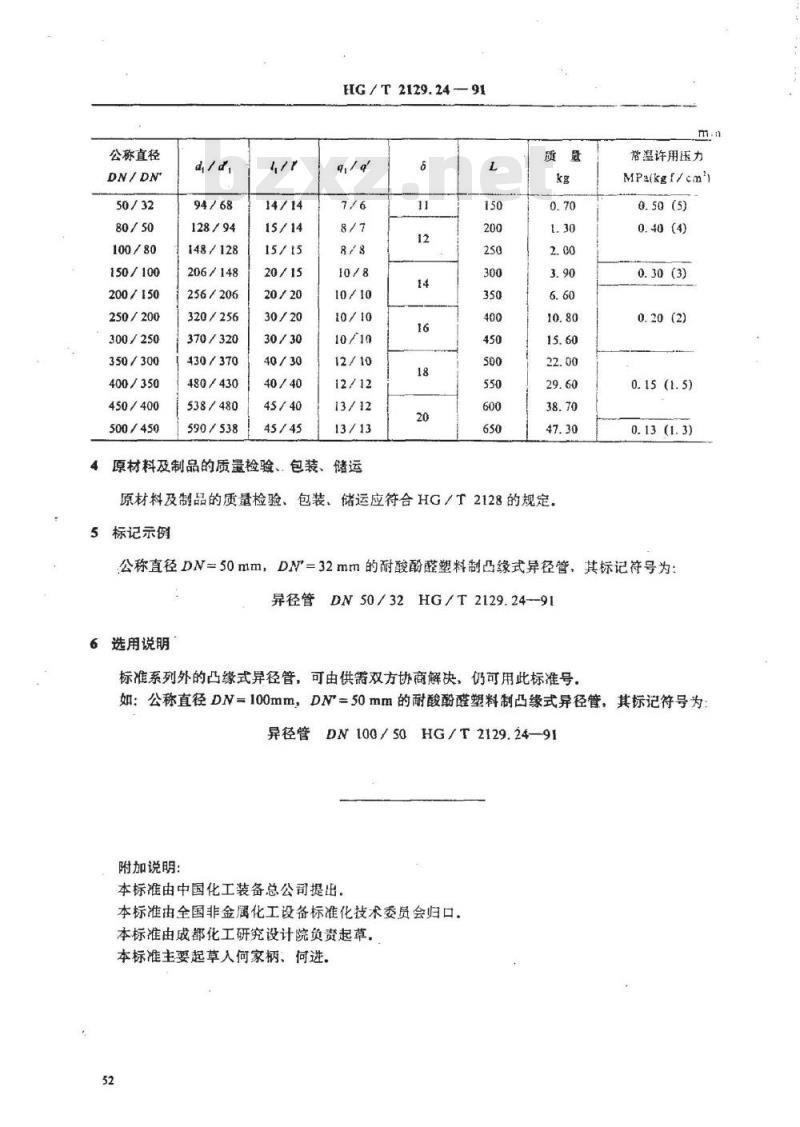 HG/T 2129.24-1991 耐酸酚醛塑料制化工设备零部件 凸缘式异径管