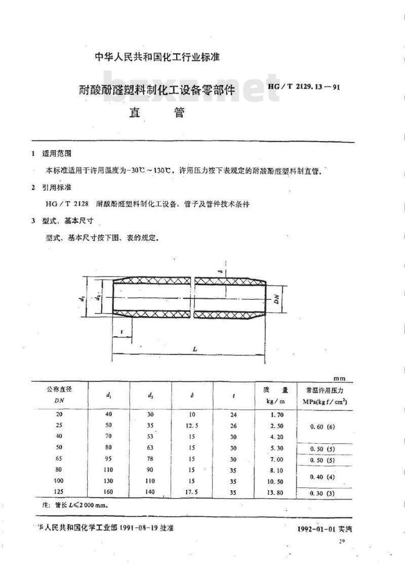 HG/T 2129.13-1991 耐酸酚醛塑料制化工设备零部件 直管
