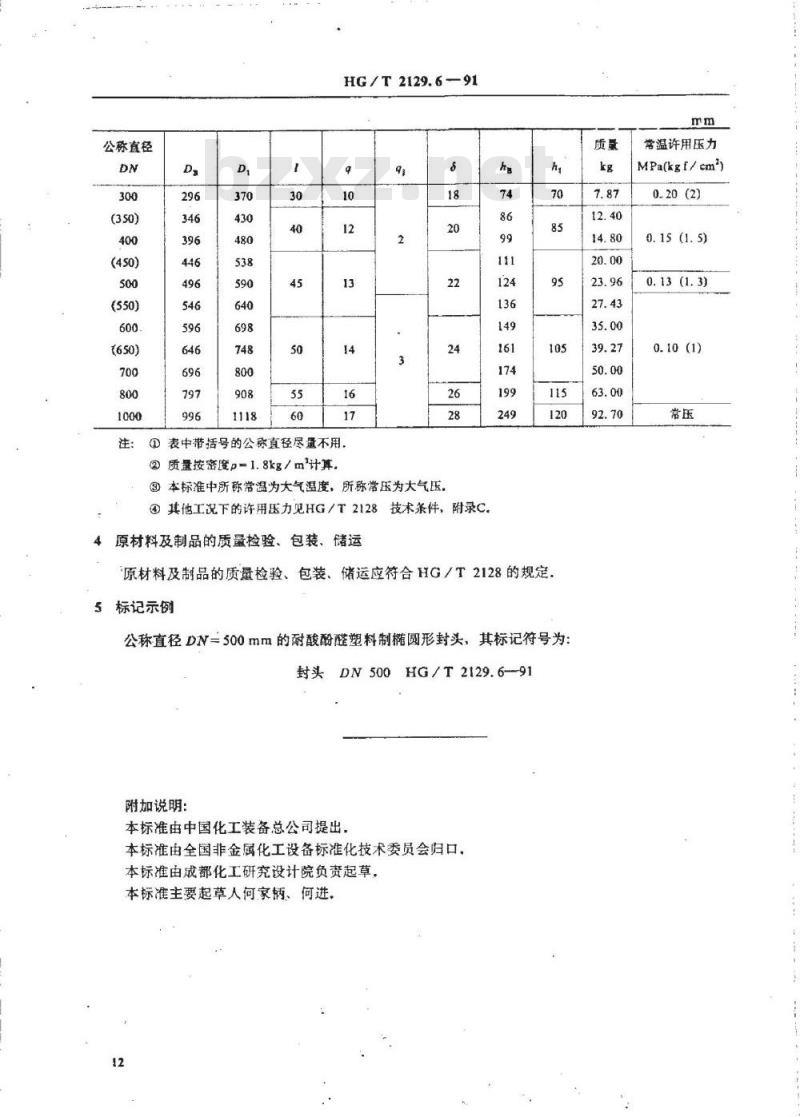 HG/T 2129.6-1991 耐酸酚醛塑料制化工设备零部件 椭圆形封头