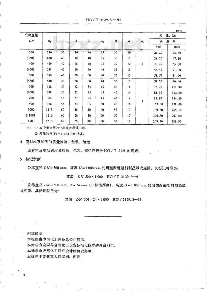 HG/T 2129.3-1991 耐酸酚醛塑料制化工设备零部件 凸缘式底筒