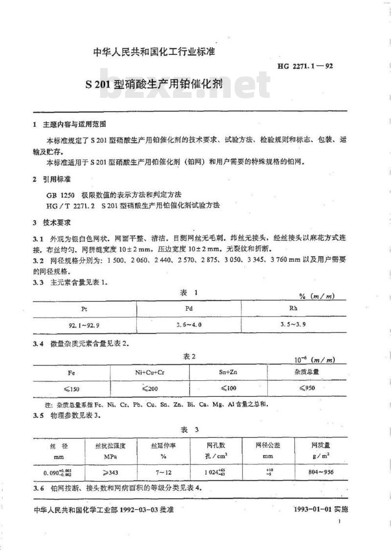 HG 2271.1-1992 S201型硝酸生产用铂催化剂