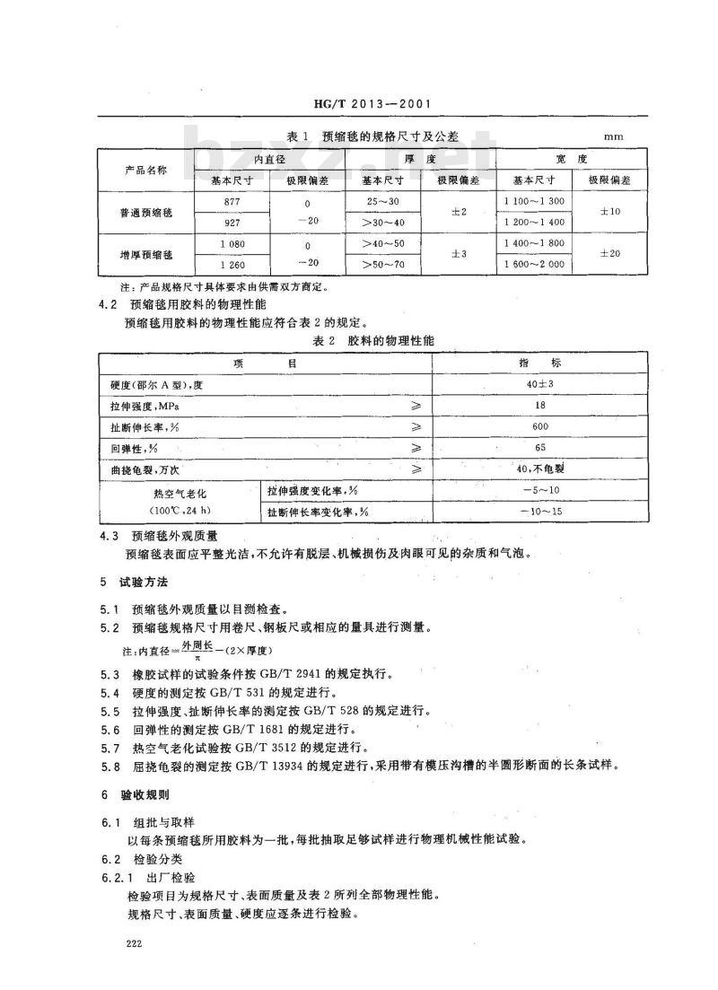HG/T 2013-2001 胶辊 第三部分:织物预缩橡胶毯
