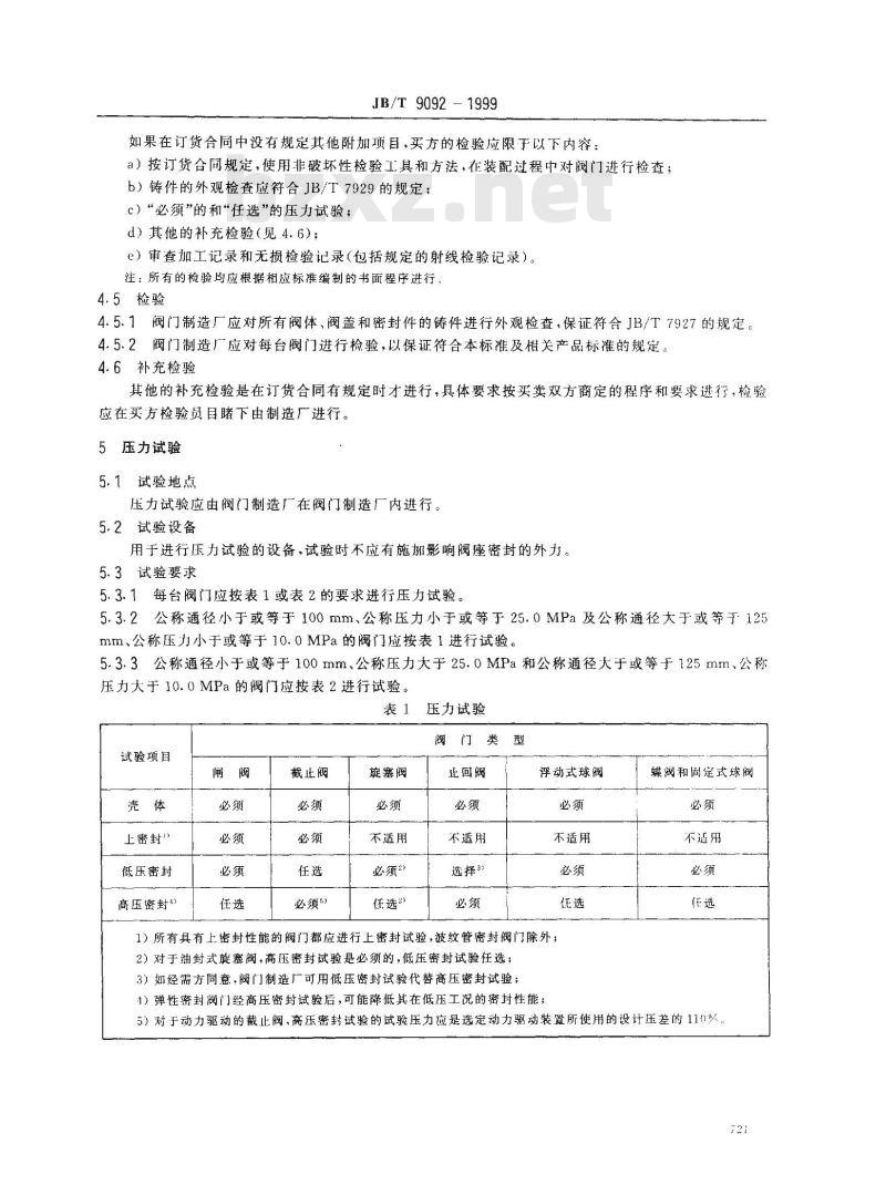 JB/T 9092-1999 阀门的检验与试验