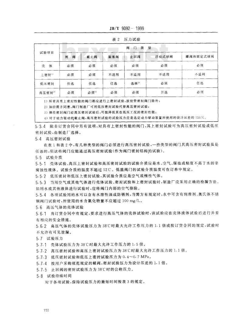 JB/T 9092-1999 阀门的检验与试验