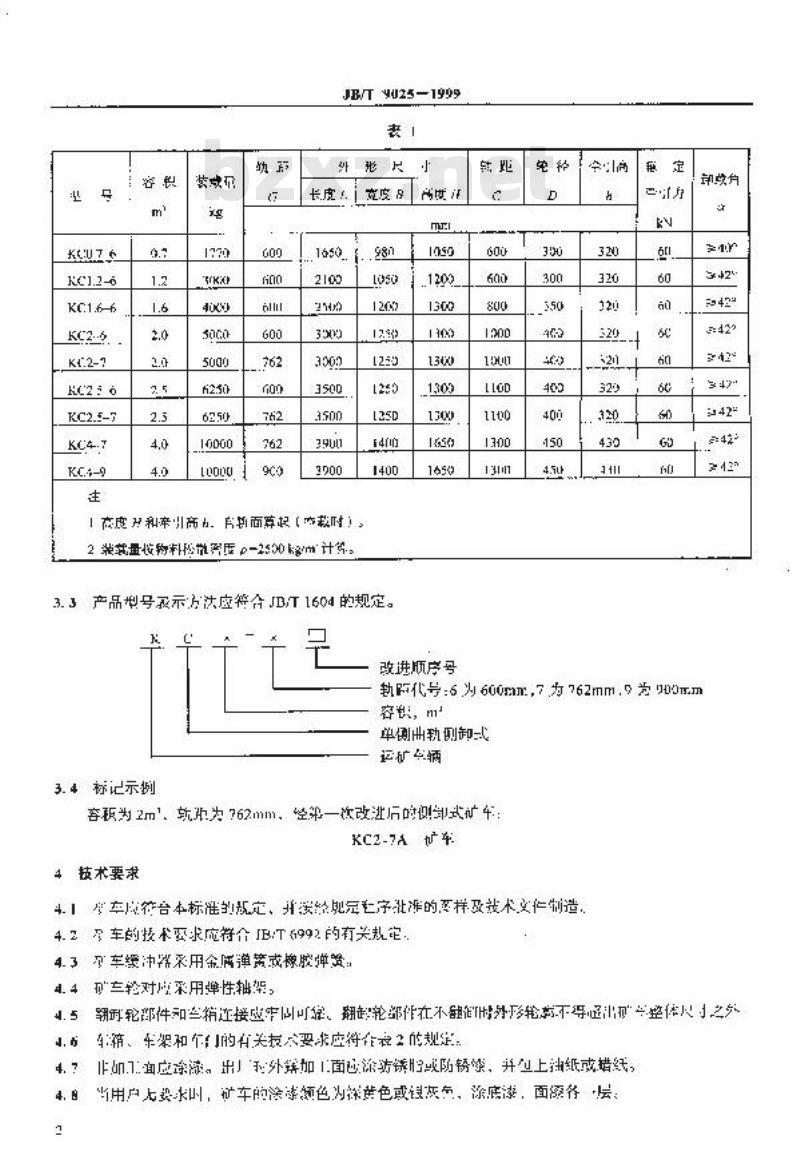 JB/T 9025-1999 单侧曲轨侧卸式矿车
