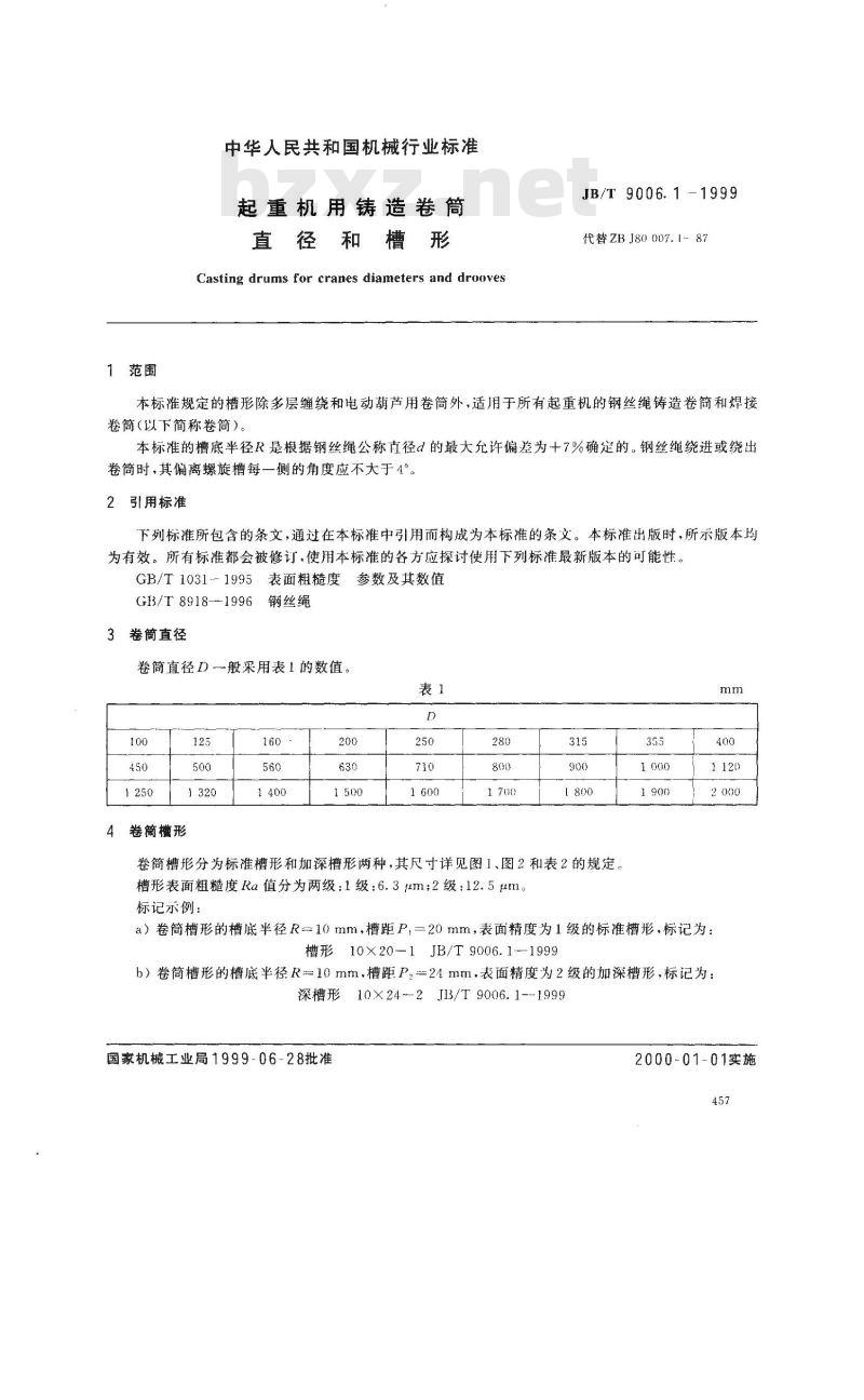 JB/T 9006.1-1999 起重机用铸造卷筒 直径和槽形