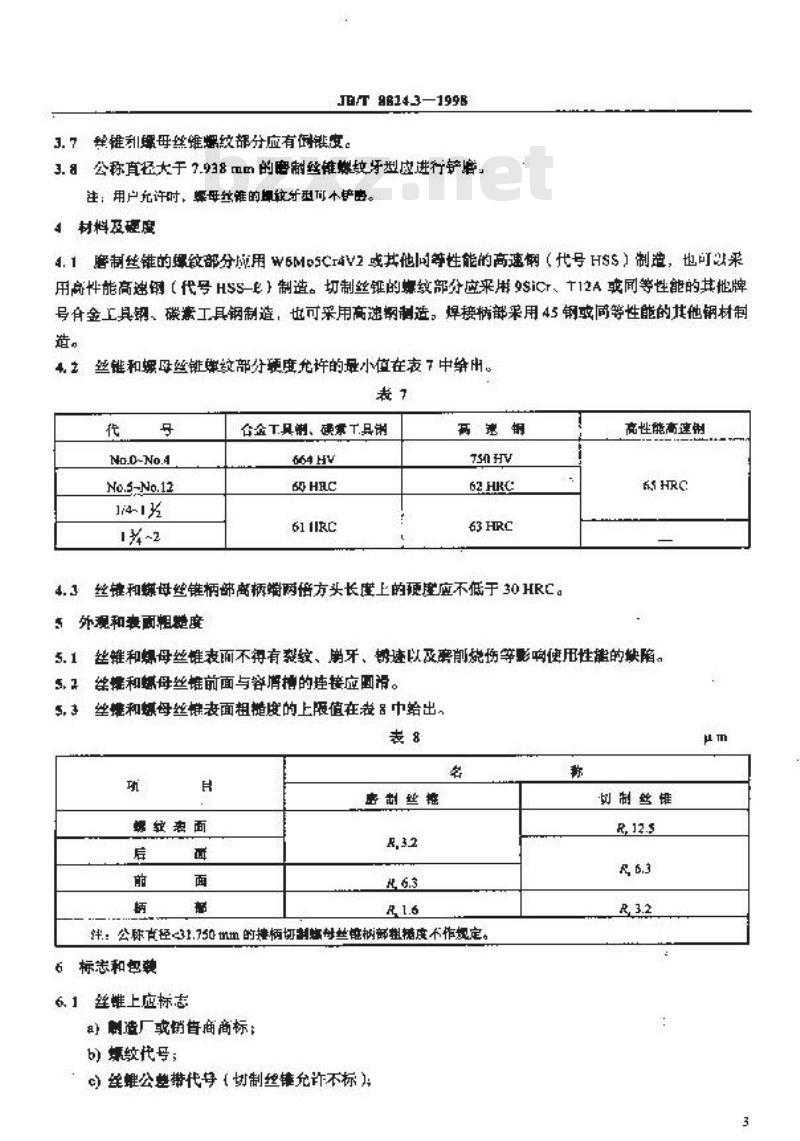 JB/T 8824.3-1998 统一螺纹丝锥 技术条件