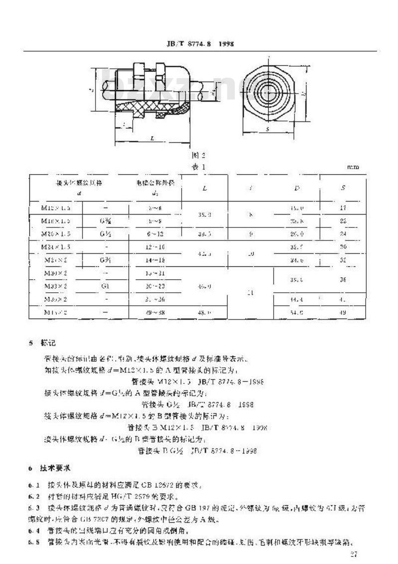 JB/T 8774.8-1998 机床电气系统辅件 橡皮、聚氯乙烯电缆用塑料管接头