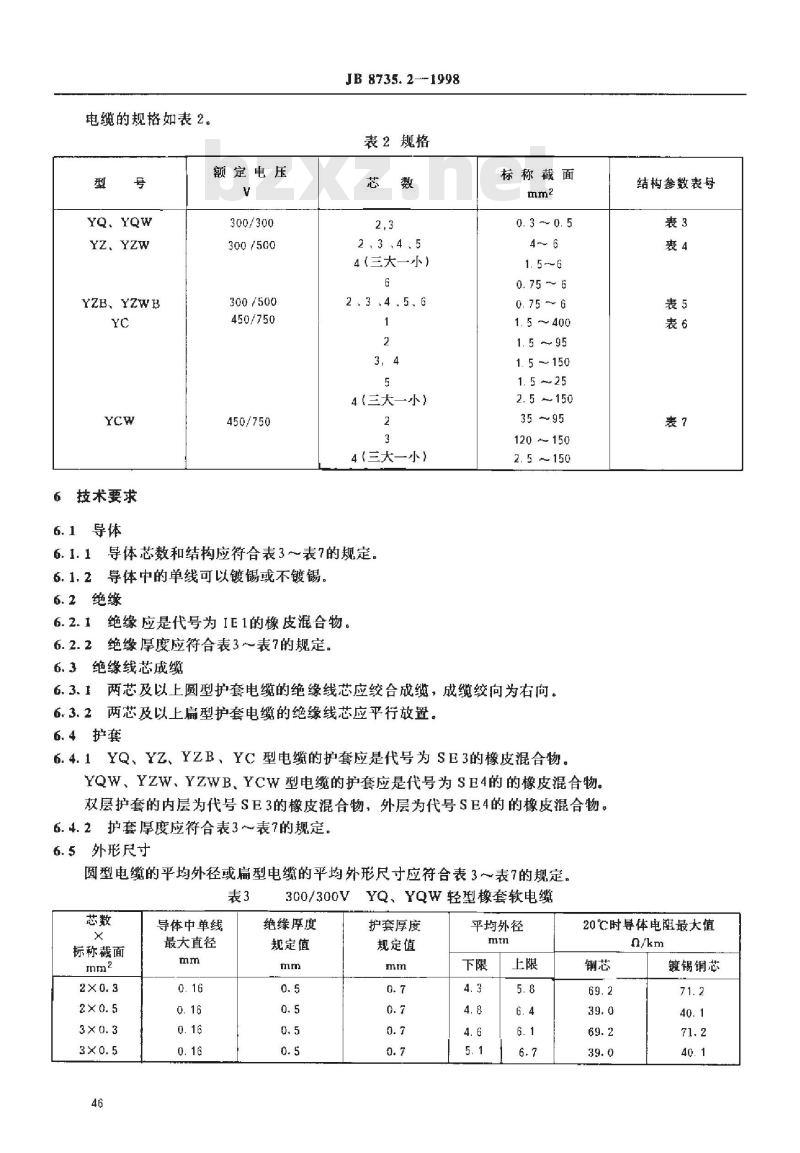 JB 8735.2-1998 额定电压 450/750V及以下橡皮绝缘软线和软电缆第2部分: 通用橡套软电缆