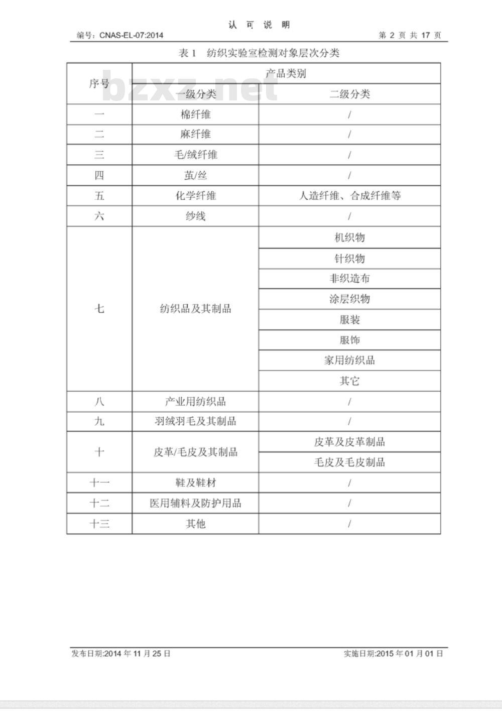 CNAS-EL-07：2014  纺织检测领域认可能力范围表述说明
