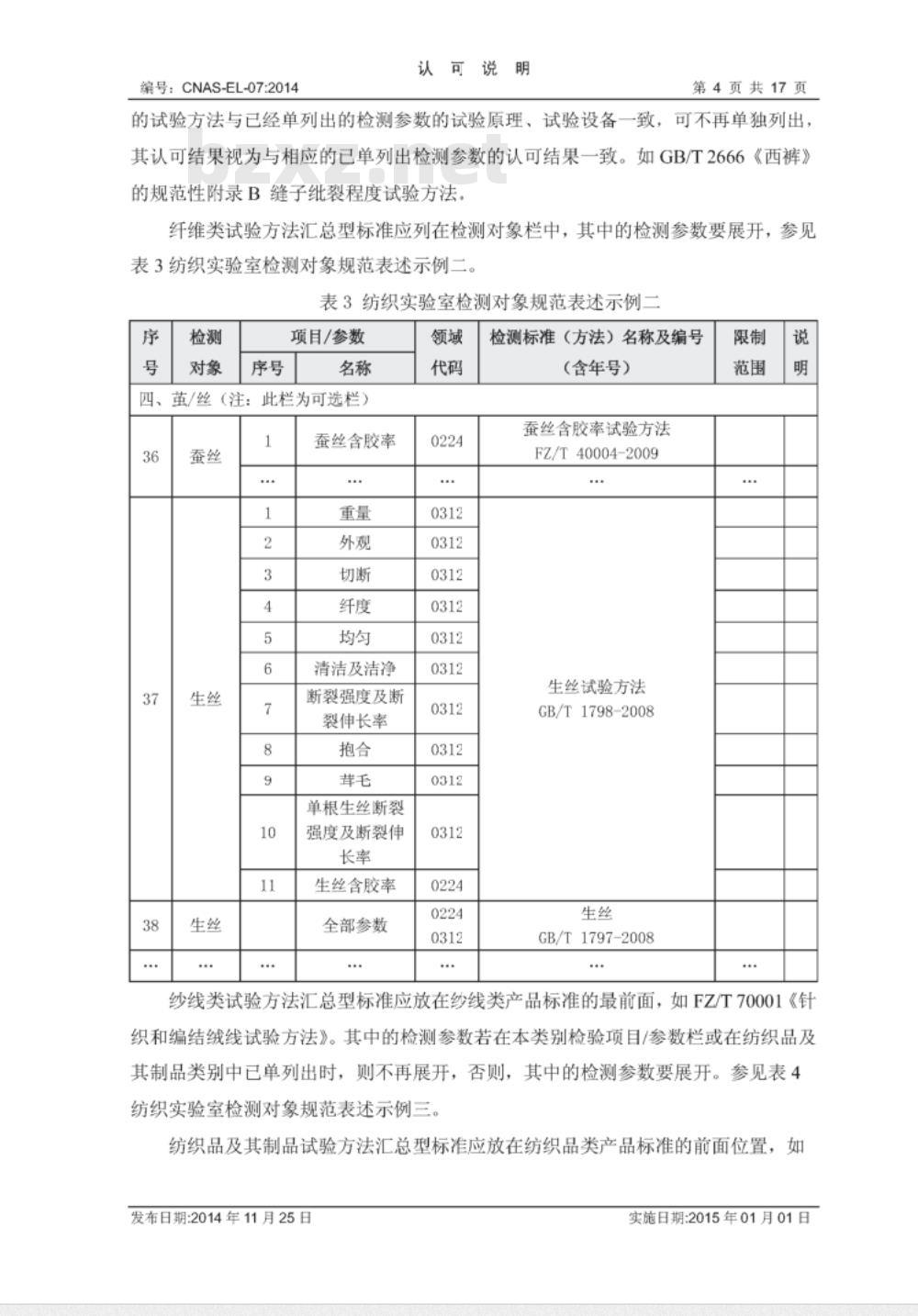 CNAS-EL-07：2014  纺织检测领域认可能力范围表述说明