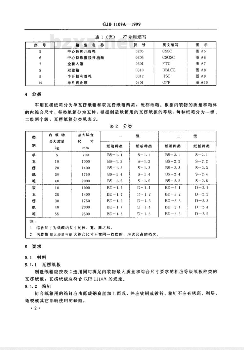 GJB 1109A-1999 军用瓦楞纸箱
