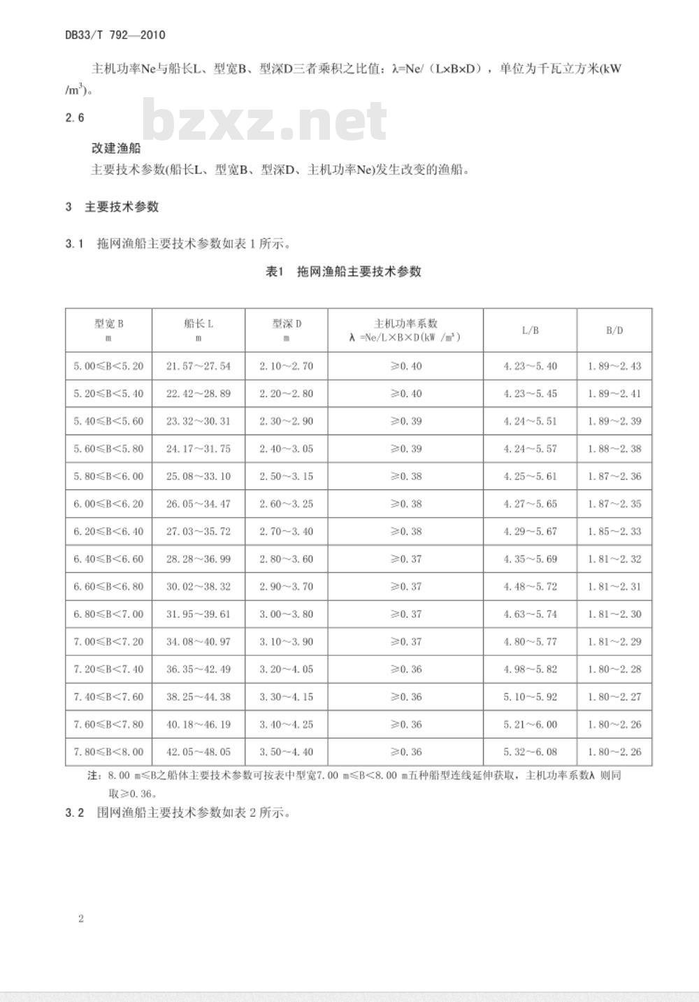 DB 33/T 792-2010 钢质海洋渔业船舶主要技术参数
