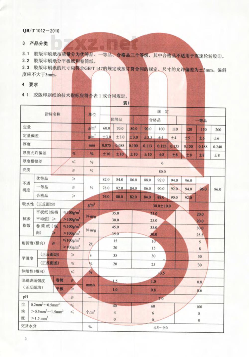 QB/T 1012-2010 胶版印刷纸