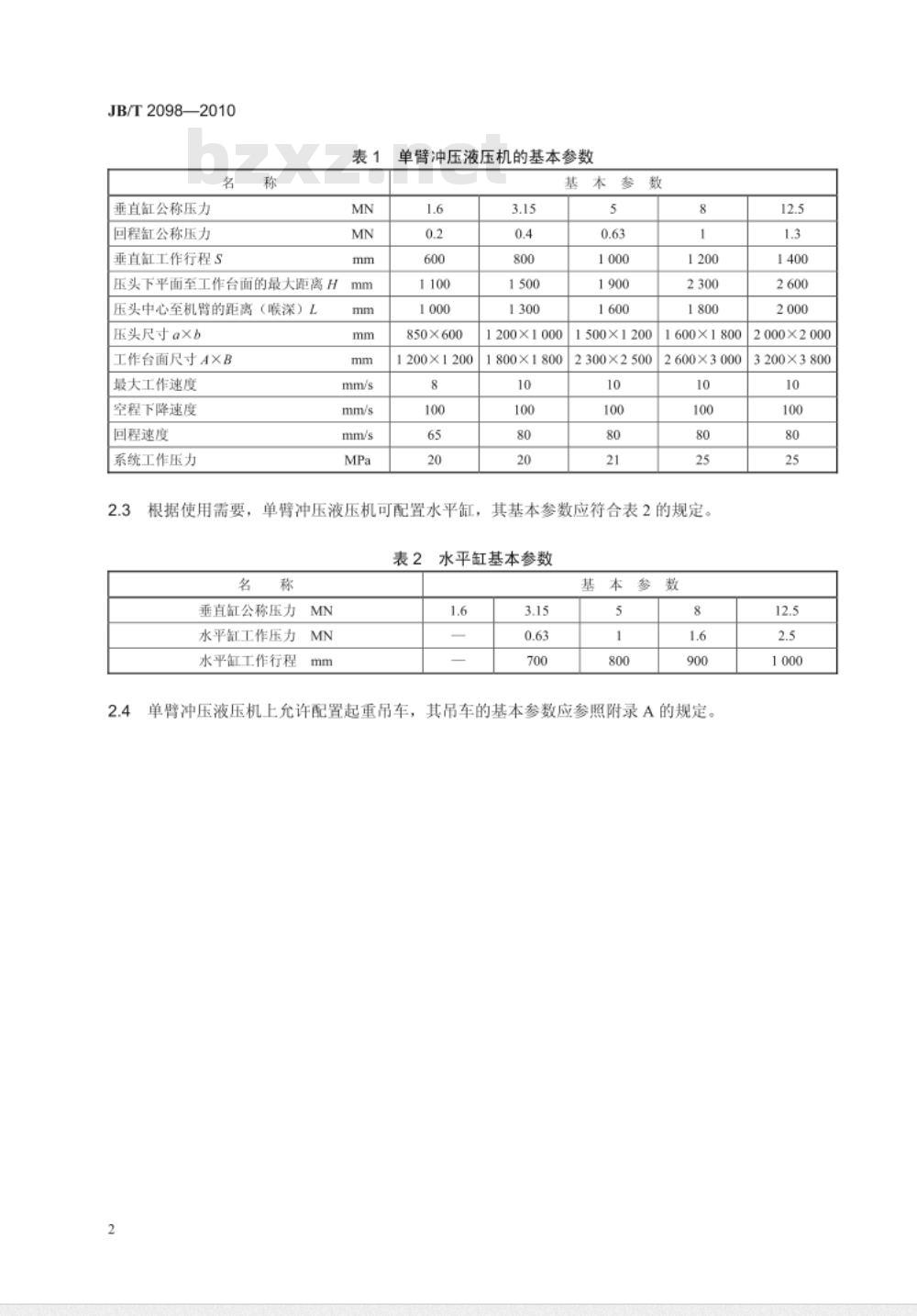 JB/T 2098-2010 单臂冲压液压机  型式与基本参数