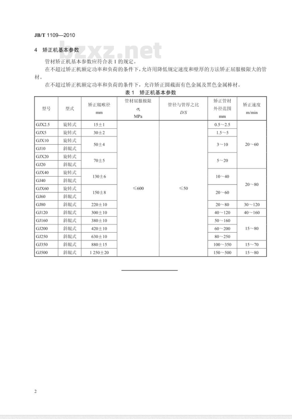JB/T 1109-2010 管材矫正机 型式与基本参数
