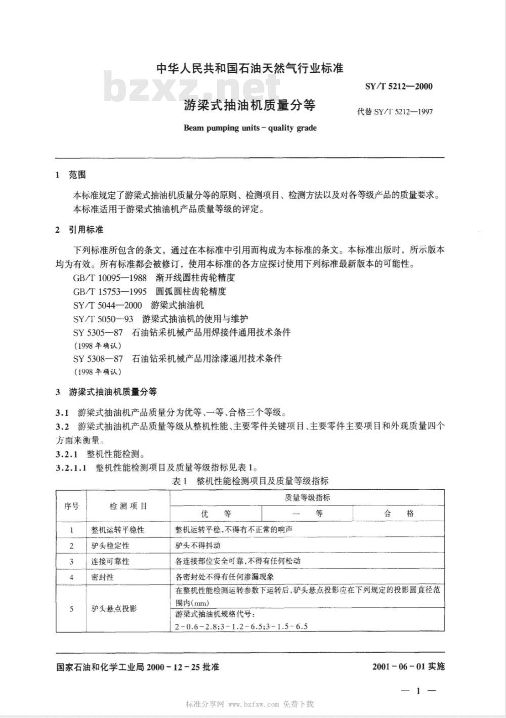 SY/T 5212-2000 游梁式抽油机质量分等