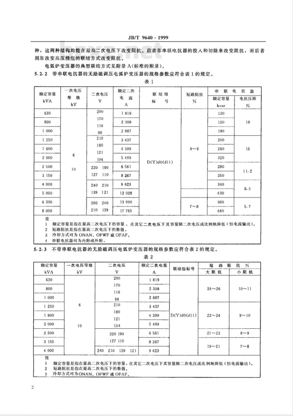 JB/T 9640-1999 电弧炉 变压器