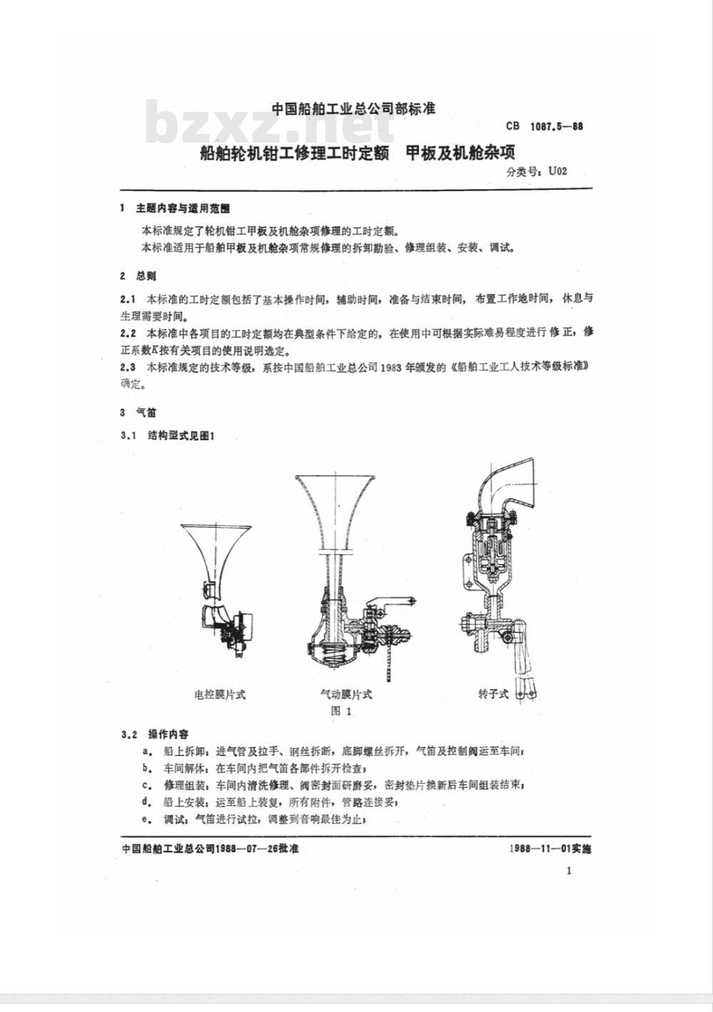 CB 1087.5-1988 船舶轮机钳工修理工时定额 甲板及机舱杂项