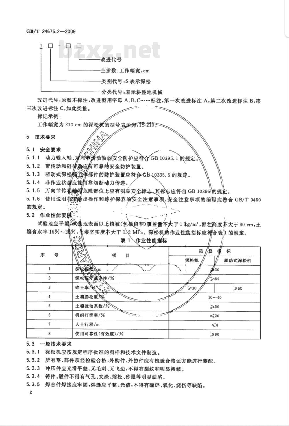 GB/T 24675.2-2009  保护性耕作机械 深松机