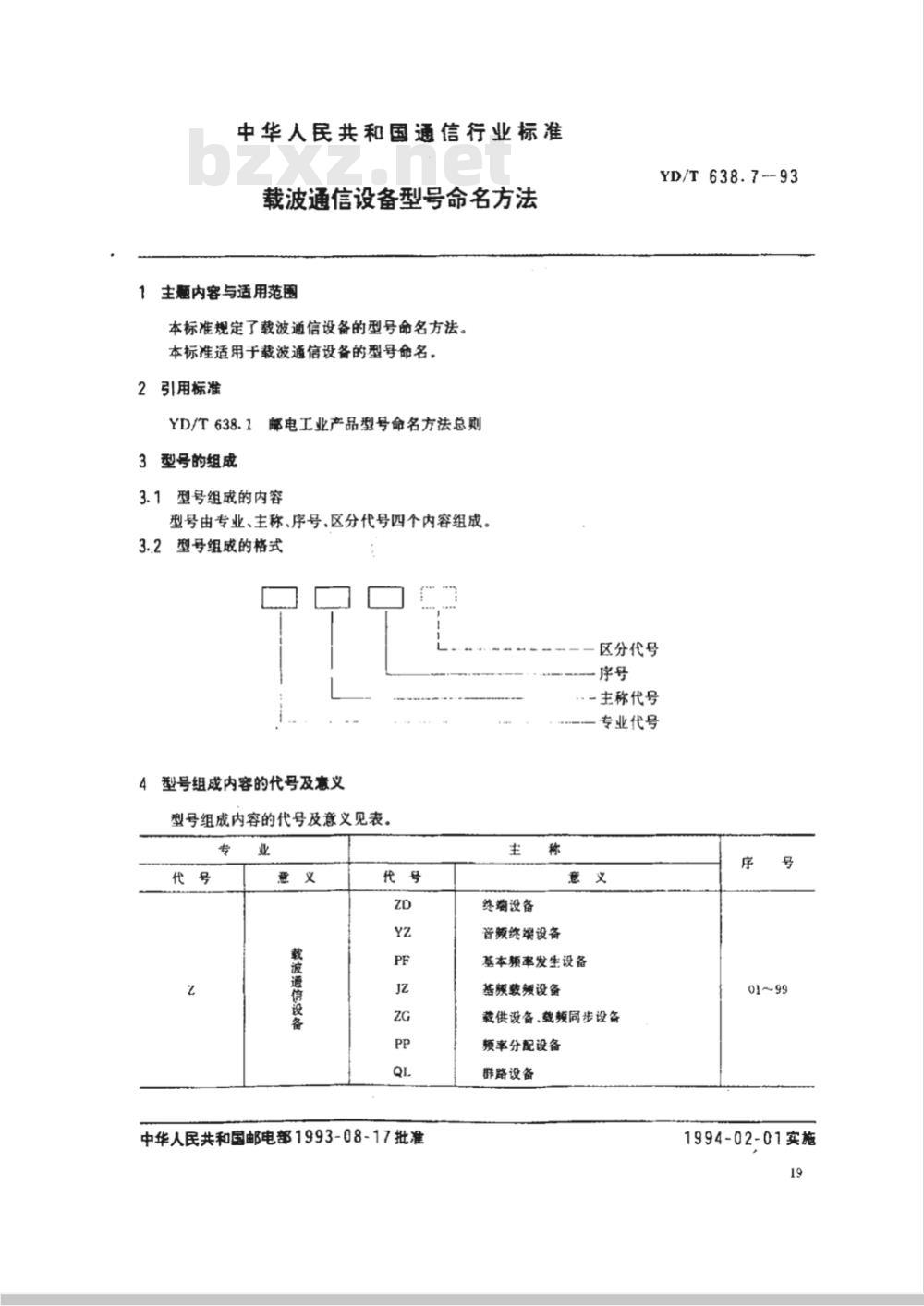 YD638.7-19938 载波通信设备型号命名方法