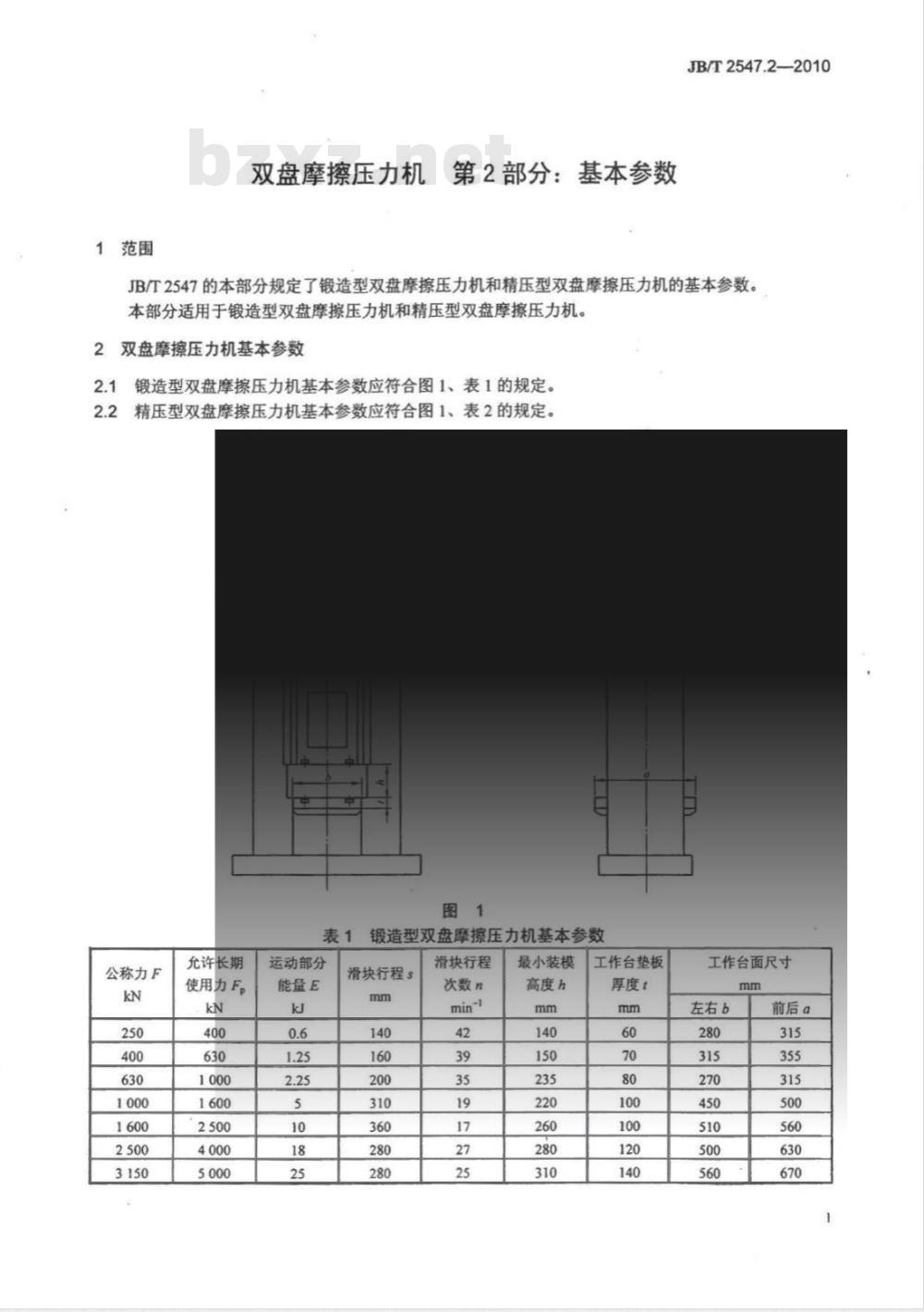 JB/T 2547.2-2010 双盘摩擦压力机 第2部分：基本参数