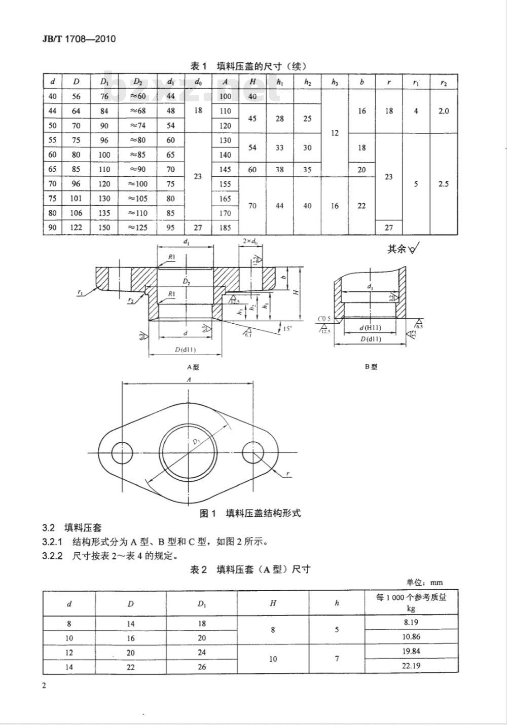 JB/T 1708-2010 阀门零部件 填料压盖、填料压套和填料压板