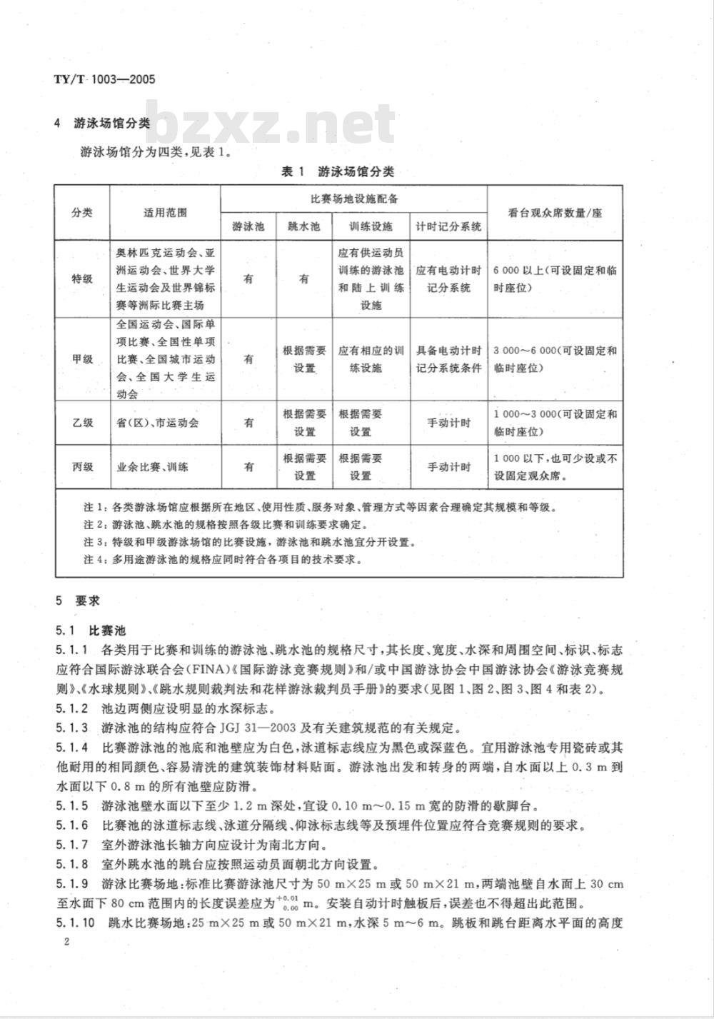 TY/T 1003-2005 游泳 、跳水、 水球和花样游泳场馆使用要求和检验方法