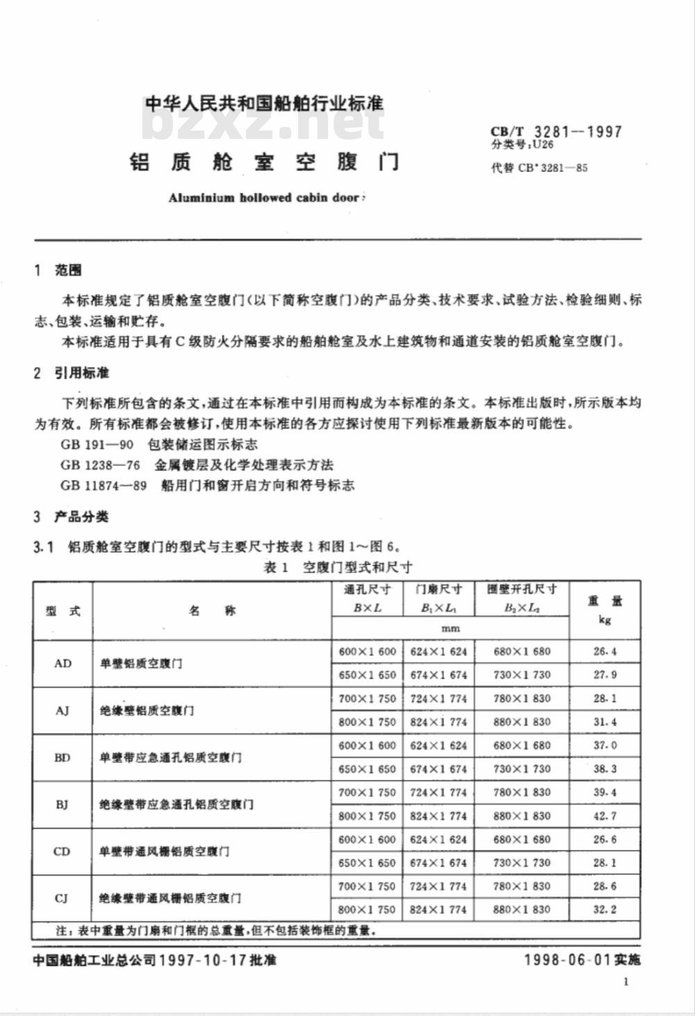 CB/T 3281-1997 铝质舱室空腹门