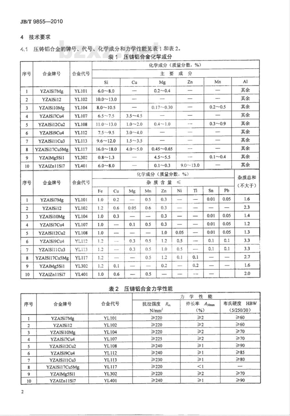 JB/T 9855-2010 凿岩机械与气动工具 压铸铝合金通用技术条件