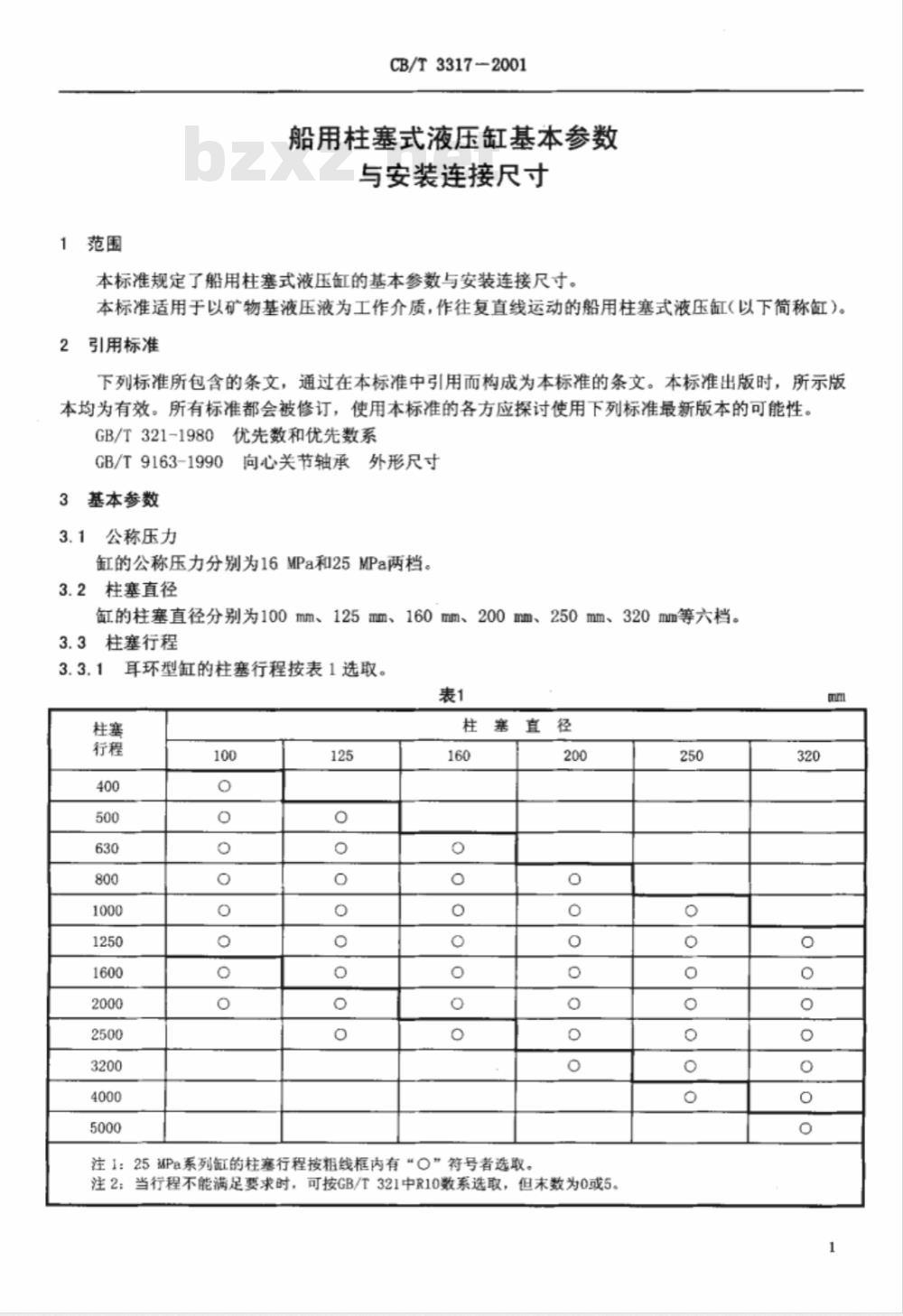 CB/T 3317-2001 船用柱塞式液压缸基本参数与安装连接尺寸