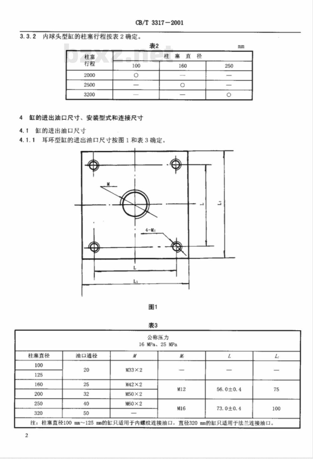 CB/T 3317-2001 船用柱塞式液压缸基本参数与安装连接尺寸