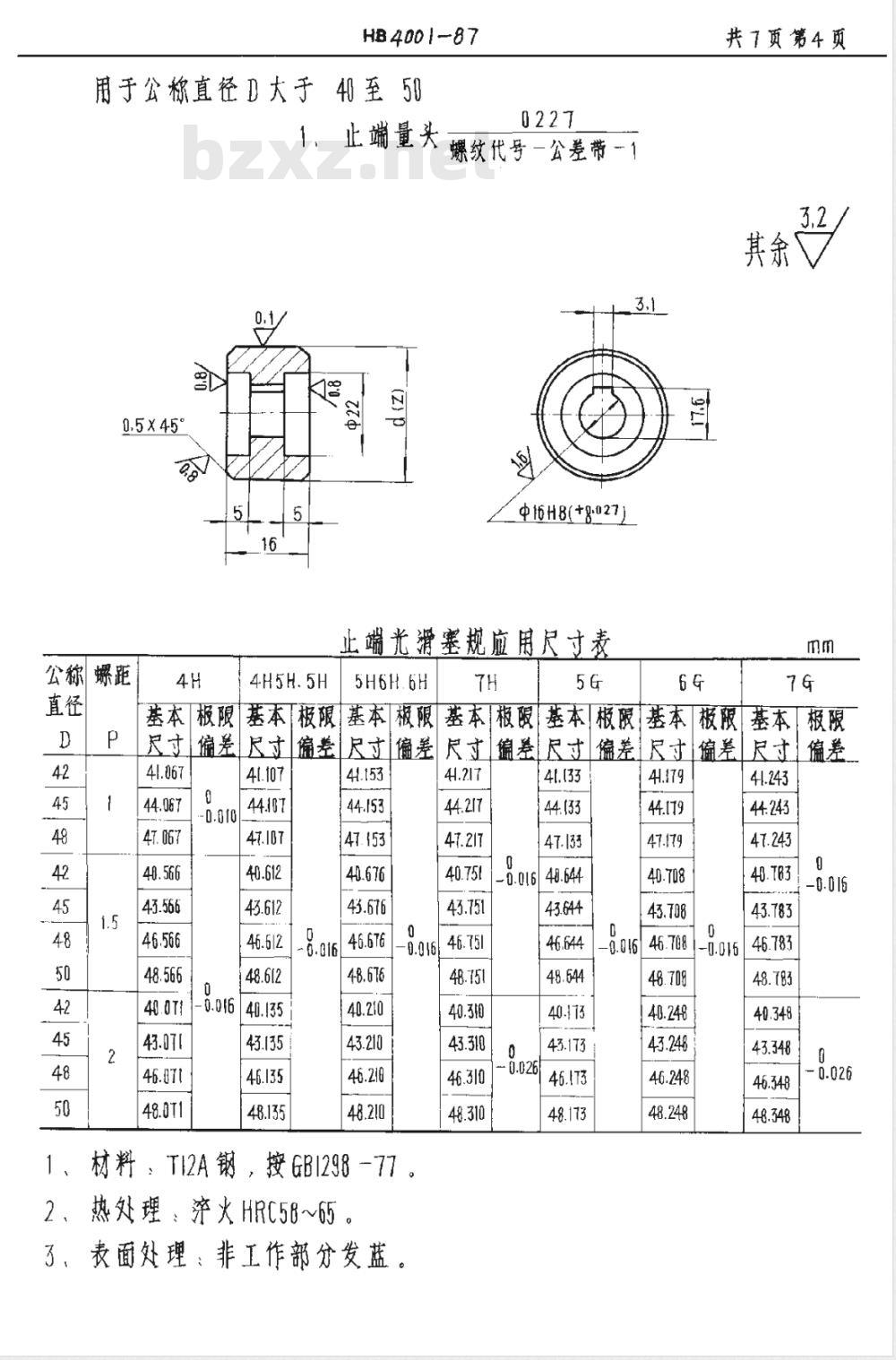HB 4001-1987 内螺纹小径用套量头单头止端光滑塞规 M42？M80