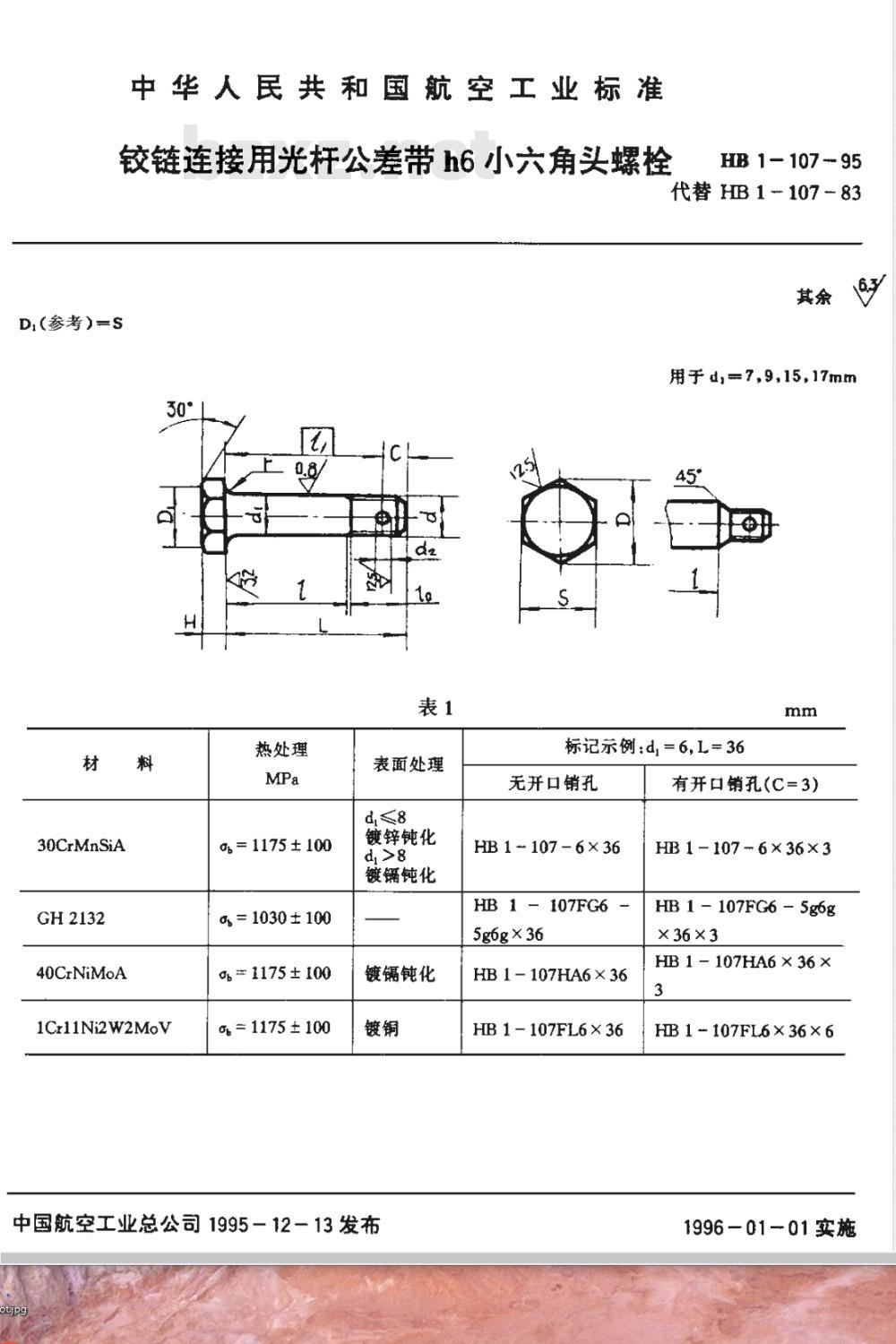 HB 1-107-1995 铰链连接用光杆公差带h6小六角头螺栓