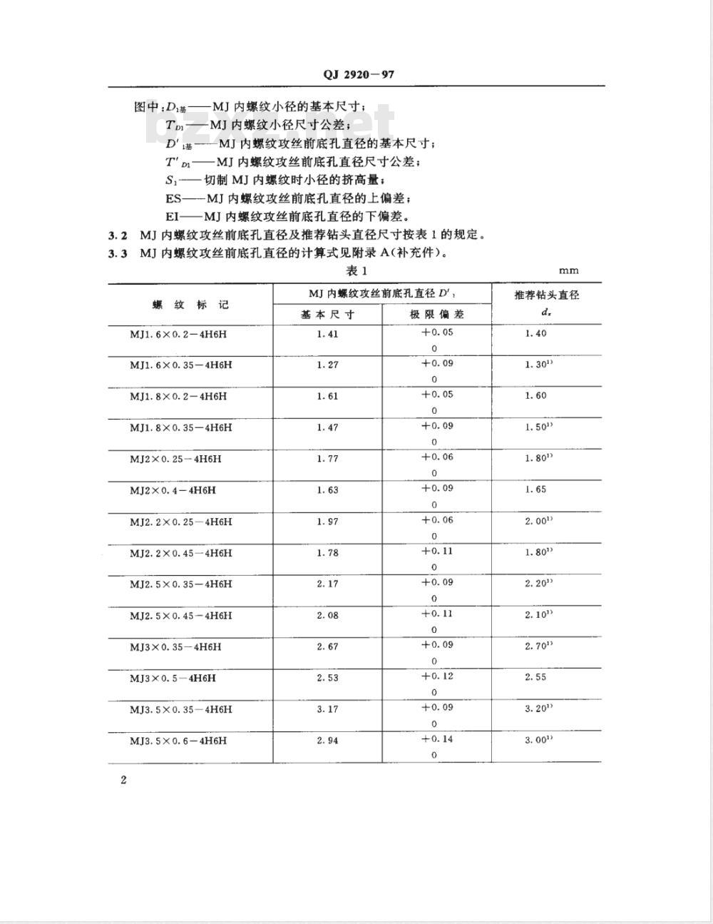 QJ 2920-1997 MJ内螺纹攻丝前底孔直径